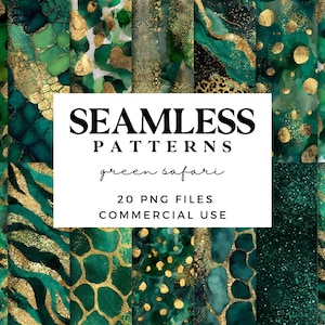 Puede incluir: Una colección de patrones sin costuras en tonos verdes y dorados, con estampados de animales y diseños abstractos. La imagen incluye el texto "SEAMLESS PATTERNS green safari 20 PNG FILES COMMERCIAL USE".