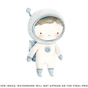 Puede incluir: Una ilustraci&oacute;n de acuarela de un ni&ntilde;o vestido de astronauta. El astronauta lleva un traje espacial blanco con un casco azul y una peque&ntilde;a mochila. El astronauta tiene el pelo casta&ntilde;o y una cara sonriente.