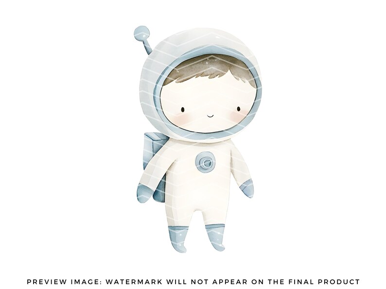 Puede incluir: Una ilustraci&oacute;n de acuarela de un ni&ntilde;o vestido de astronauta. El astronauta lleva un traje espacial blanco con un casco azul y una peque&ntilde;a mochila. El astronauta tiene el pelo casta&ntilde;o y una cara sonriente.