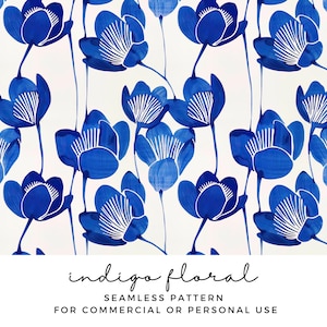 Indigo Floral Seamless Pattern - Blue Flower Scrapbook Paper - Minimalist Background Paper - Sublimation Design - Commercial Use