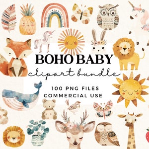 Bundle de cliparts bébé bohème - aquarelle chambre d'enfant animal clipart - gribouillages enfants mignons - Baby Shower PNGs - clipart chambre d'enfant - design par sublimation