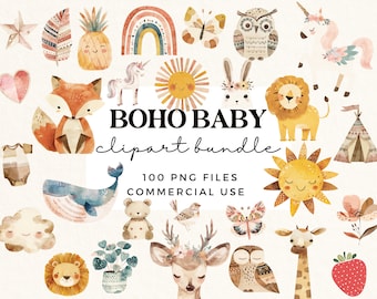 Boho Baby Clipart Bundle - Watercolour Nursery Animal Clip Art - Cute Kids Doodles - Baby Shower PNGs - Nursery Clipart - Sublimation Design