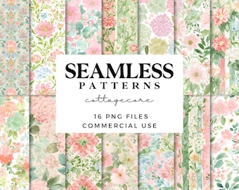 Pink Cottagecore Seamless Patterns - Pastel Floral Patterns - Vintage Chic Digital Scrapbook Paper for Crafts - Repeating Patterns