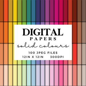 Papier numérique de couleur unie en 100 couleurs - papier de scrapbooking à motif transparent - papier pour planificateur JPEG 300 dpi - papiers imprimables couleurs de l'arc-en-ciel