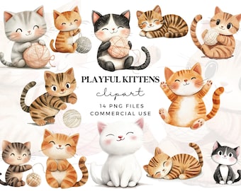 Imágenes prediseñadas de gatitos juguetones PNG - Imágenes prediseñadas de gatos de dibujos animados lindos - Imágenes prediseñadas de gatitos divertidos - Gráficos para amantes de los gatos - Uso comercial - Sublimación de gatos