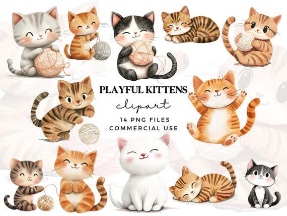 Playful Kittens Clipart PNG - Cute Cartoon Cats Clipart - Funny Kitten Clipart - Cat Lover Graphics - Commercial Use - Cat Sublimation
