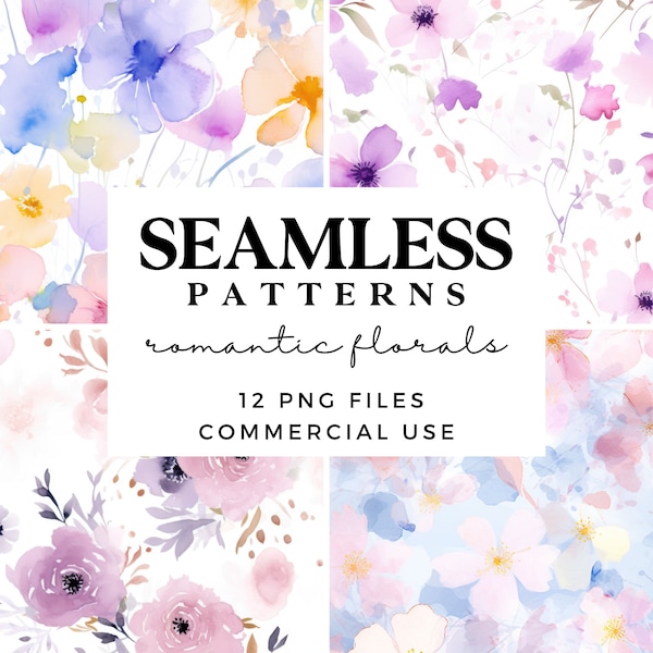 Watercolour Flowers Seamless Patterns - Romantic Floral Digital Paper Set - Pastel Flowers Background Papers - Commercial Use