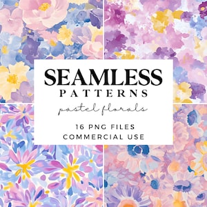 Könnte beinhalten: Digitales Kunstbild mit vier nahtlosen Mustern mit pastellfarbenen Blumendesigns. Die Muster zeigen Blumen im Aquarellstil in Rosa-, Lila-, Gelb- und Blautönen. Text lautet: "SEAMLESS PATTERNS pastel florals 16 PNG FILES COMMERCIAL USE."