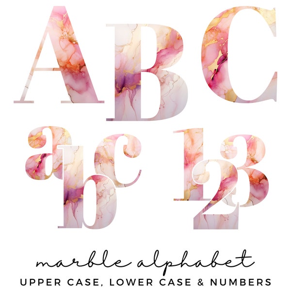 Pink and Gold Watercolour Marble Letters & Numbers Clipart Set  - Transparent PNG Alphabet Commercial Use - Upper and Lower Case