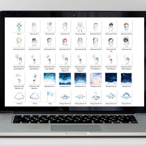 Puede incluir: Una pantalla digital que muestra una variedad de ilustraciones de acuarela de astronautas, extraterrestres, nubes y platillos voladores. Las ilustraciones est&aacute;n en tonos de azul, verde, rosa y blanco.