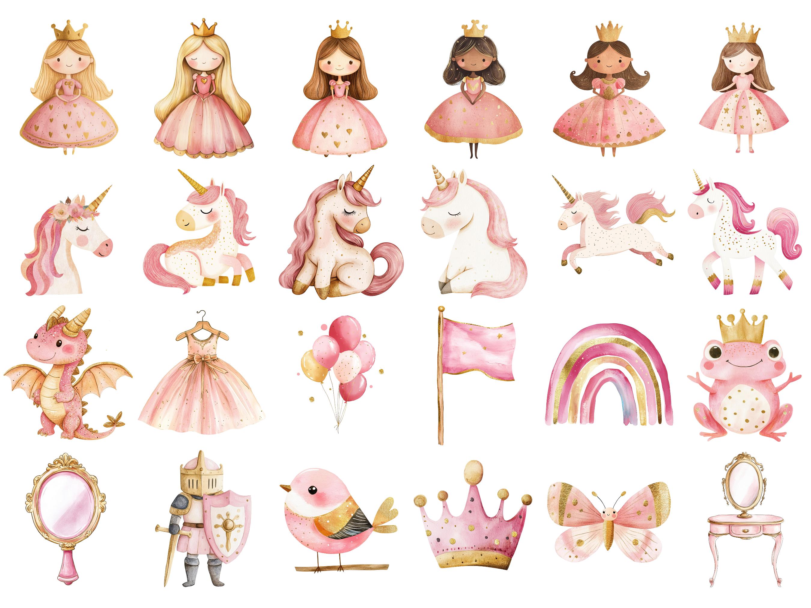 Unicorn Princess Clipart Set: Pink & Gold Watercolour Graphics (digital ...