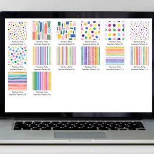 May include: A laptop screen displays a collection of colorful digital seamless patterns labeled "Rainbow Party." The patterns feature various designs, including polka dots, brushstrokes, and stripes in a vibrant rainbow palette. The laptop is on a white desk.