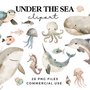 Onder de zee clipartset - illustraties voor babyshower, kinderkamerkunst en feestuitnodigingen - grillige, Scandinavische stijl clipart - Ocean Life