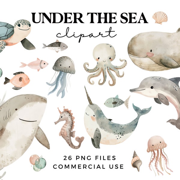Under the Sea Clipart Set - Clip Art for Baby Shower, Nursery Art & Party Invites - Whimsical, Scandinavian Style Clipart - Ocean Life