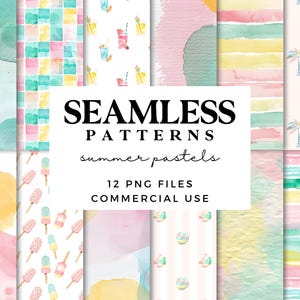 Op de afbeelding: Een verzameling naadloze aquarelpatronen in pastelkleuren. De patronen omvatten abstracte vormen, geometrische ontwerpen en zomerse illustraties zoals ijsjes en palmbomen. De tekst luidt "SEAMLESS PATTERNS summer pastels 12 PNG FILES COMMERCIAL USE."