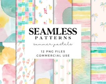 Summer Holiday Seamless Patterns - Watercolour Vacation Patterns - Commercial Use Repeating Patterns in Yellow, Mint & Pink