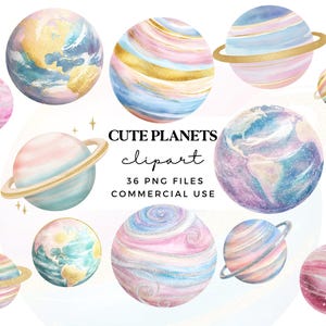 Aquarell Planet Clipart Set - Süßes Pastell Weltall Clip Art Bild - Kinderzimmer Wandkunst, Kinder Party lädt ein, Babyparty - Kommerzielle Nutzung PNGs
