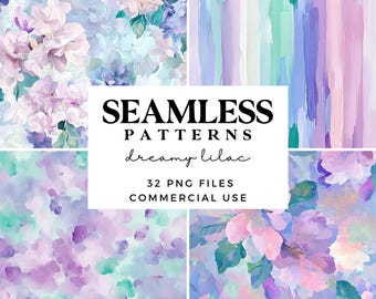 Lilac Floral Seamless Patterns - Purple Abstract Flowers Scrapbook Paper - Striped Background Paper - Watercolour Marble