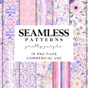 Pode incluir: Uma coleção de dezasseis padrões digitais sem costura em tons de rosa, roxo e branco. Os padrões apresentam desenhos florais, bolinhas e listras. O texto na imagem diz "SEAMLESS PATTERNS pretty purple 16 PNG FILES COMMERCIAL USE."