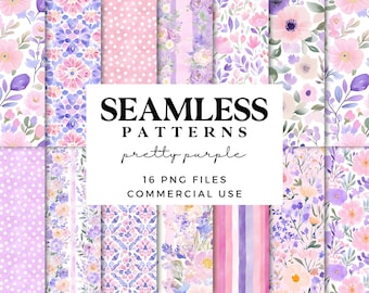 May include: A collection of sixteen digital seamless patterns in shades of pink, purple, and white. The patterns feature floral designs, polka dots, and stripes. Text on the image reads "SEAMLESS PATTERNS pretty purple 16 PNG FILES COMMERCIAL USE."