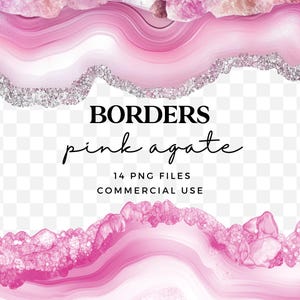 Pink Agate Geode Clipart Borders – Sparkly Gemstone Marble PNG Frames for Commercial Use – Crystal Edge Digital Download Design