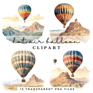 Heteluchtballon clipart - aquarel heteluchtballon avontuur landschap clipart bundel - achtergrondlandschap - transparante png-bestanden