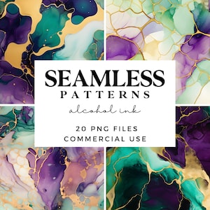 Peut inclure: Image d'art numérique présentant des motifs sans couture dans des tons de violet, de sarcelle et d'or, créés avec de l'encre à alcool. Le texte "SEAMLESS PATTERNS alcohol ink 20 PNG FILES COMMERCIAL USE" est inclus.