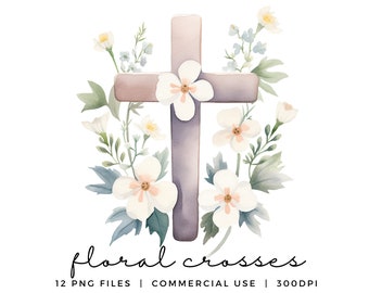 Watercolour Easter Cross Clipart - Baptism Cross with Flowers - Instant Digital Download - Card Making - Floral Cross - Christian Clipart