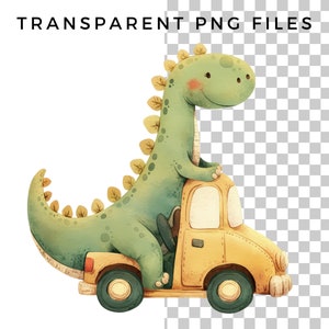May include: A green dinosaur with yellow spots is driving a yellow car. The dinosaur is smiling and has its tongue sticking out. The car has a white windshield and black wheels.