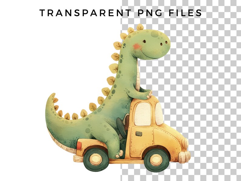 May include: A green dinosaur with yellow spots is driving a yellow car. The dinosaur is smiling and has its tongue sticking out. The car has a white windshield and black wheels.