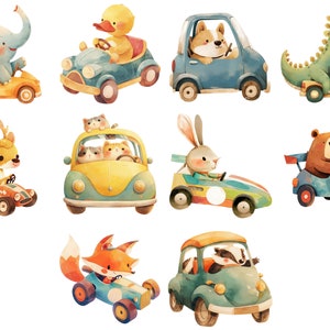 May include: A collection of watercolor illustrations featuring various animals driving toy cars. The animals include an elephant, duck, dog, dinosaur, deer, cats, rabbit, bear, fox, and badger. The cars are in various colors and styles, including a yellow car, a blue car, a green car, and a red car.