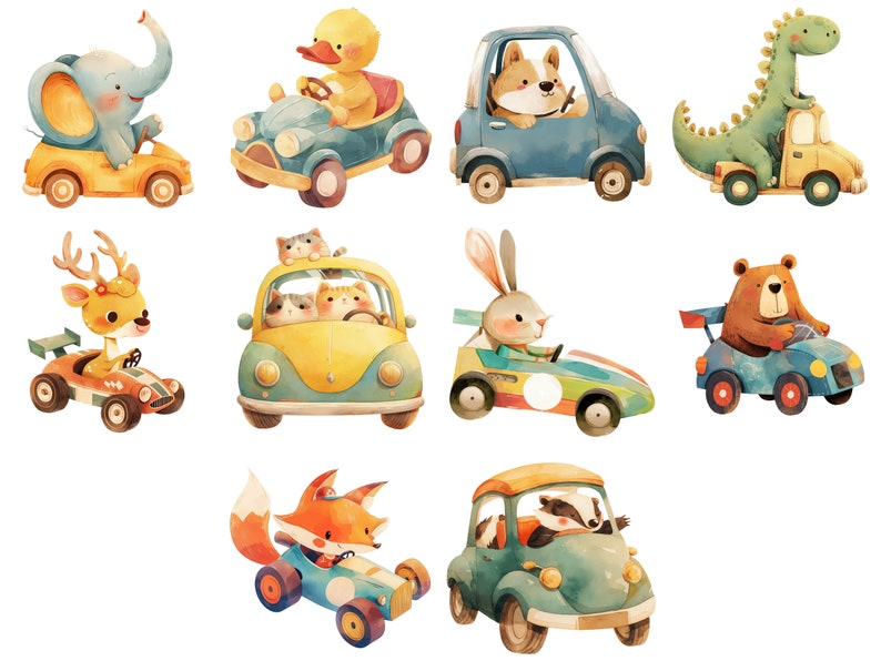 May include: A collection of watercolor illustrations featuring various animals driving toy cars. The animals include an elephant, duck, dog, dinosaur, deer, cats, rabbit, bear, fox, and badger. The cars are in various colors and styles, including a yellow car, a blue car, a green car, and a red car.