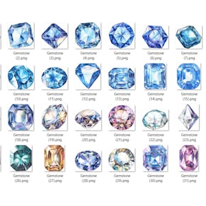 May include: A collection of 32 watercolor illustrations of gemstones in various shapes and colors, including blue, purple, green, and brown.