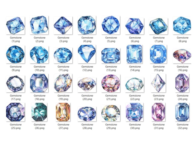 May include: A collection of 32 watercolor illustrations of gemstones in various shapes and colors, including blue, purple, green, and brown.