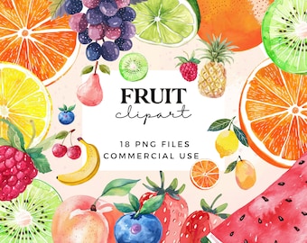 Fruit Clipart PNG - Cute Watercolour Fruits Clipart Bundle - Transparent PNGs for Commercial Use