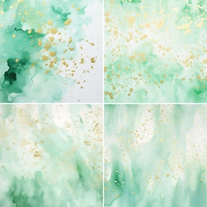 K&ouml;nnte beinhalten: Vier abstrakte Aquarellhintergr&uuml;nde mit gr&uuml;nen und goldenen Farbspritzern. Die Hintergr&uuml;nde eignen sich perfekt f&uuml;r digitales Scrapbooking, Kartenherstellung und andere kreative Projekte.