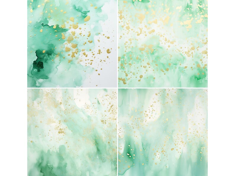 K&ouml;nnte beinhalten: Vier abstrakte Aquarellhintergr&uuml;nde mit gr&uuml;nen und goldenen Farbspritzern. Die Hintergr&uuml;nde eignen sich perfekt f&uuml;r digitales Scrapbooking, Kartenherstellung und andere kreative Projekte.