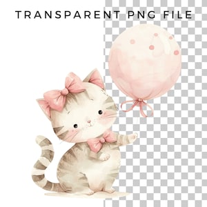 Pu&ograve; includere: Un'illustrazione ad acquerello di un simpatico gatto dei cartoni animati con un fiocco rosa e un palloncino rosa. Il gatto &egrave; seduto sulle zampe posteriori e tiene il palloncino con la zampa.