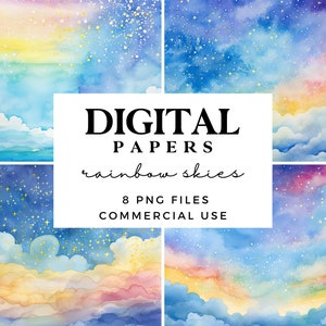 Rainbow Skies Digital Paper Set -  Magical Clouds Background Texture Clipart - Commercial Use - Instant Download 300dpi