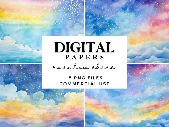 Rainbow Skies Digital Paper Set -  Magical Clouds Background Texture Clipart - Commercial Use - Instant Download 300dpi