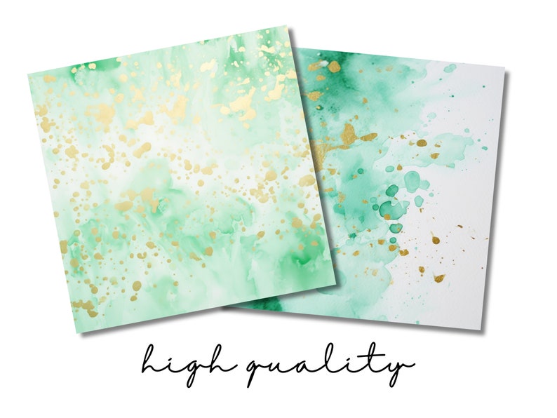 K&ouml;nnte beinhalten: Zwei Aquarellhintergr&uuml;nde mit gr&uuml;nen und goldenen Akzenten. Der erste Hintergrund ist hellgr&uuml;n mit goldenen Sprenkeln. Der zweite Hintergrund ist hellblau mit gr&uuml;nen und goldenen Sprenkeln.