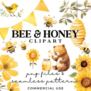 45 x Paquete de imágenes prediseñadas de abeja de miel - Conjunto de imágenes prediseñadas de abeja de acuarela con colmenas, osos, panal y patrones sin costuras - Día de la abeja - Baby Shower