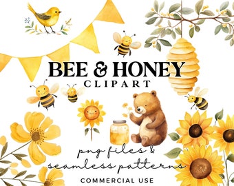 45 x Honey Bee Clipart Bundle - Watercolor Bee Clip Art Set with Beehives, Bears, Honeycomb & Seamless Patterns - Bee Day - Baby Shower