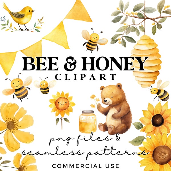 45 x Honey Bee Clipart Bundle - Watercolor Bee Clip Art Set with Beehives, Bears, Honeycomb & Seamless Patterns - Bee Day - Baby Shower