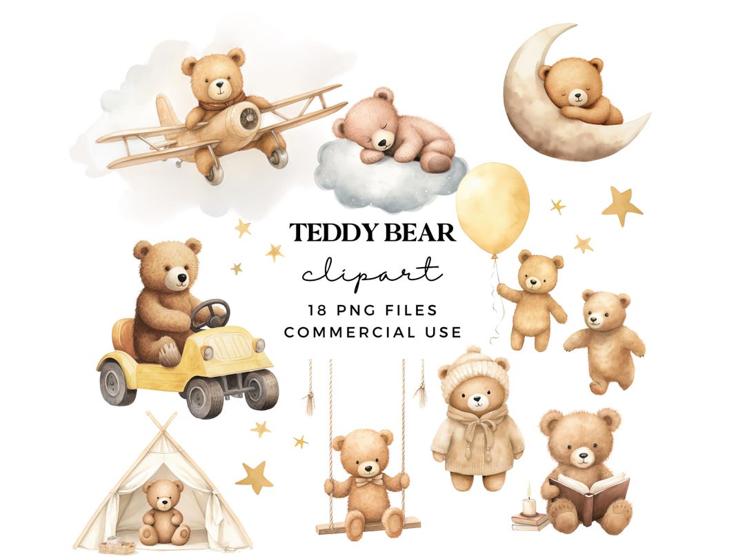Watercolour Teddy Bear Clipart Bundle - Baby Shower Clip Art - Boho ...