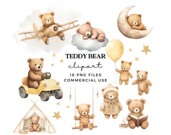 Watercolor Teddy Bear Clipart Bundle: Boho Nursery Art (PNG, Commercial Use)