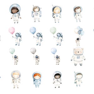 Puede incluir: Ilustraciones de acuarela de astronautas, osos y ni&ntilde;os con trajes de astronauta. Algunos de los personajes sostienen globos. Las ilustraciones est&aacute;n sobre un fondo blanco.