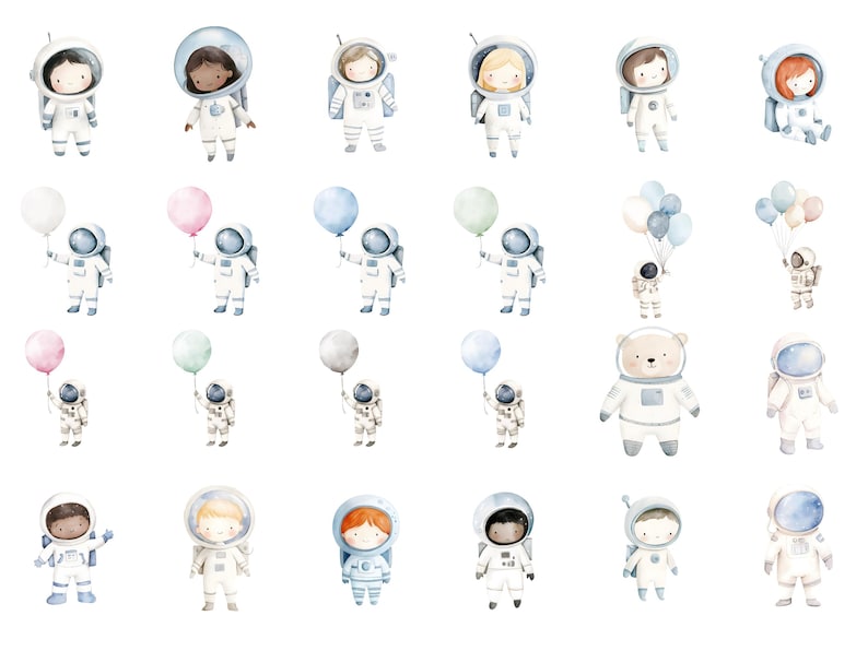 Puede incluir: Ilustraciones de acuarela de astronautas, osos y ni&ntilde;os con trajes de astronauta. Algunos de los personajes sostienen globos. Las ilustraciones est&aacute;n sobre un fondo blanco.