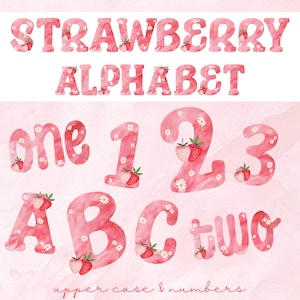 Clipart de alfabeto e números de morango em aquarela - pacote de clipart de frutas fofas - letras de morangos rosa