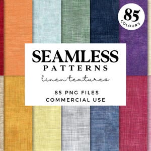 May include: A digital image showcasing a variety of linen textures in multiple colors, including red, orange, and blue. The image features the text "SEAMLESS PATTERNS linen textures" and indicates 85 colors are available for commercial use.